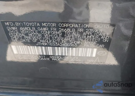 2010 Lexus Es 350 из США, поврежденный, VIN JTHBK1EG3A2400363